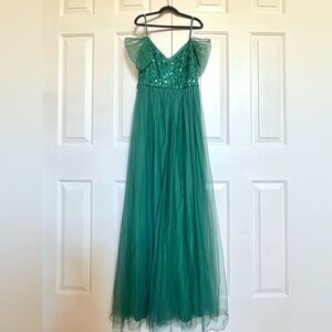 (New) Off the shoulder sequin body gown, green, size 4